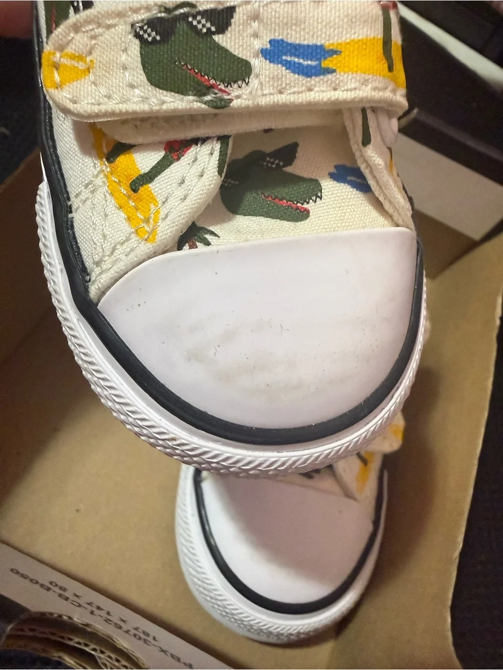 Converse Kids White Canvas Velcro Sneakers with Green Crocodile & Palm Print